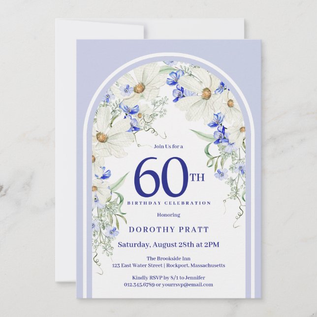 Invitación Boho Arco Floral Azul Blanco Fiesta de cumpleaños  (Anverso)
