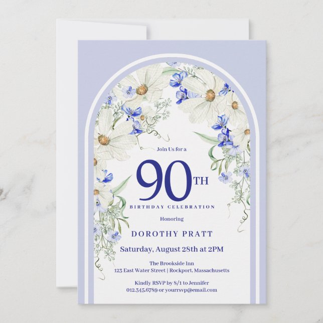 Invitación Boho Arco Floral Blanco Azul Fiesta de cumpleaños  (Anverso)
