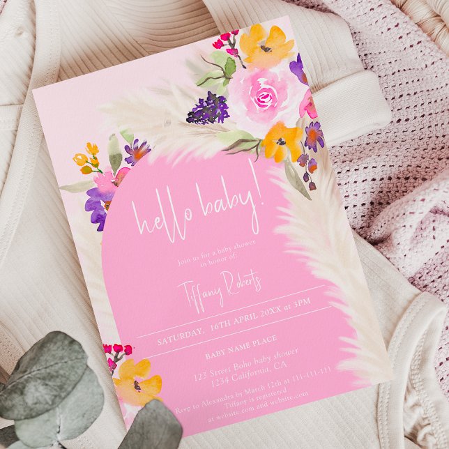Invitación Boho arco floral rosa chica hola bebé ducha (Subido por el creador)
