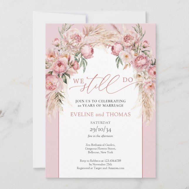 Invitación Boho arco ruborizando las peonías pampas hierba qu (Anverso)