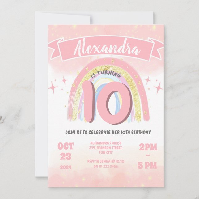 Invitación Boho Arcoiris 10.º Purpurina Chica de cumpleaños d (Anverso)