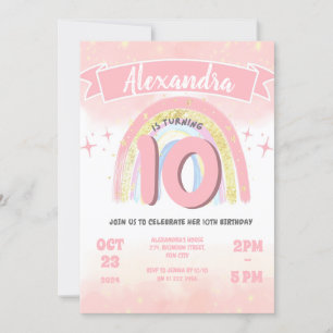 Invitación Boho Arcoiris 10.º Purpurina Chica de cumpleaños d