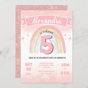 Invitación Boho Arcoiris 5 Quinto Purpurina Chica de cumpleañ