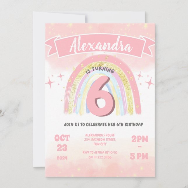 Invitación Boho Arcoiris 6 Cualquier Purpurina de edad Chica  (Anverso)