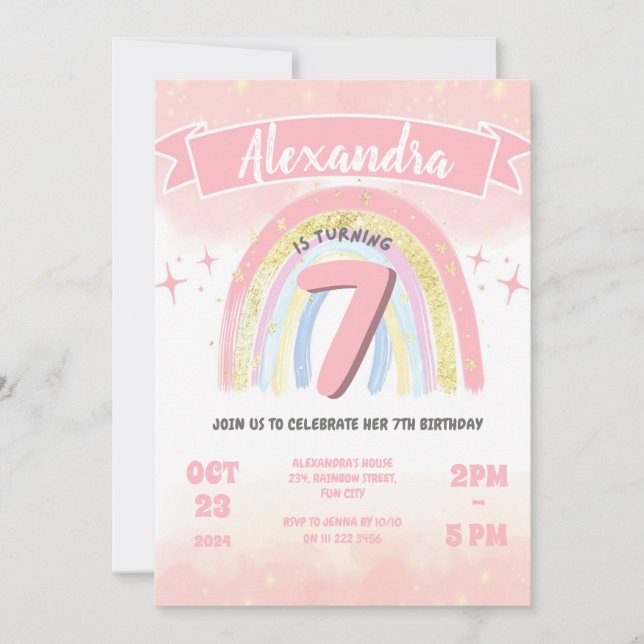 Invitación Boho Arcoiris 7 a cualquier edad Chica de cumpleañ (Anverso)