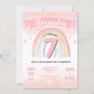 Invitación Boho Arcoiris 7 a cualquier edad Chica de cumpleañ