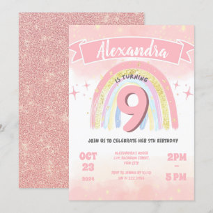Invitación Boho Arcoiris 9 Purpurina Chica de cualquier edad 