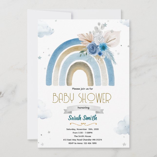 invitación boho arcoíris azul de hierba de Pampas (Anverso)