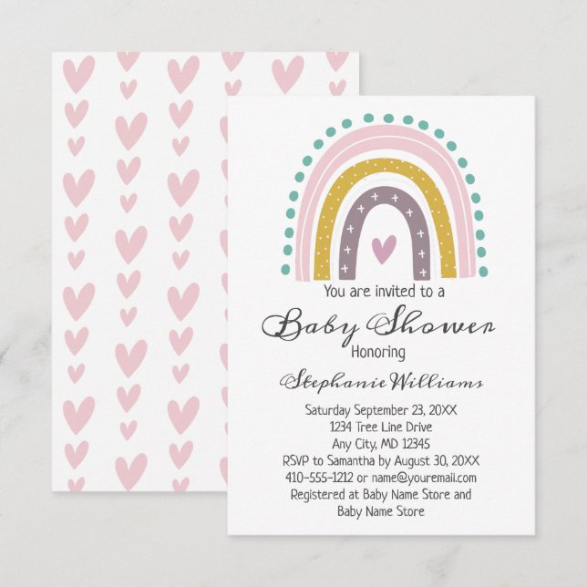 Invitación Boho Arcoíris Corazones Rosados Morados Turquesa N (Anverso / Reverso)
