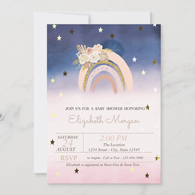 Invitación Boho arcoiris Flores Stars Ombre Baby Shower (Anverso)