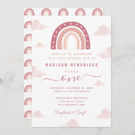 Invitación Boho Arcoiris y nubes Pastel Cumpleaños Rosa