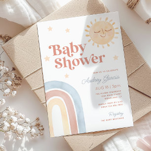 Invitación Boho Arcoiris y Sun Watercolor Sonriente Baby Show