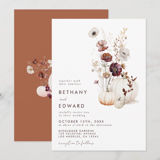 Invitación Boho Autumn Boda de calabaza de flores silvestres (Anverso / Reverso)