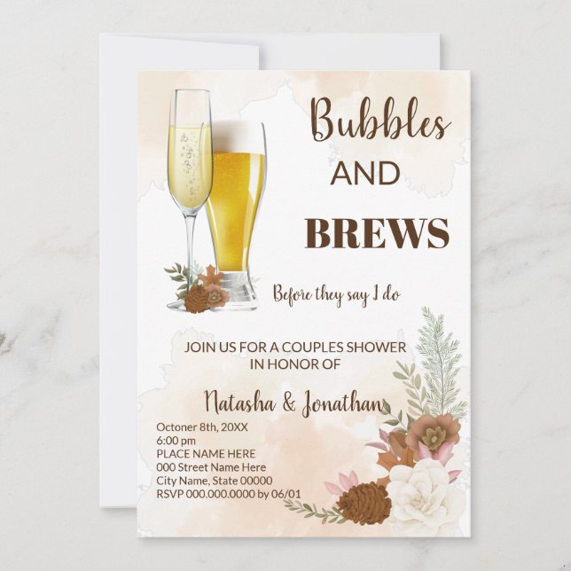 Invitación Boho Autumn Bubble & Brews Couples Shower (Anverso)