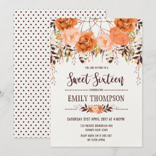 Invitación Boho Autumn Floral Sweet Dieciséis Dreamcatcher Ca