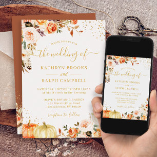 Invitación Boho Autumn Floral Terracotta Gold Pumpkin Boda