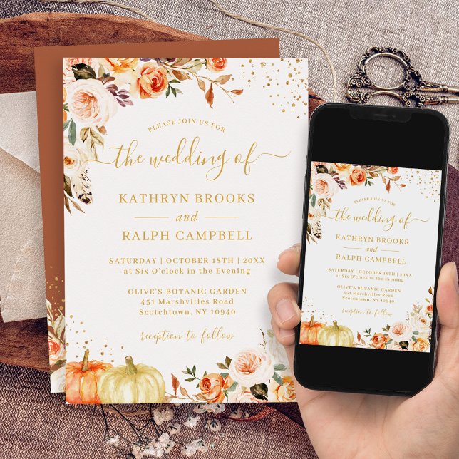 Invitación Boho Autumn Floral Terracotta Gold Pumpkin Boda (Perfect for couples seeking a boho-chic wedding theme with a touch of autumnal charm.)