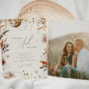 Invitación Boho Autumn Wildflower Beige Foto Boda casual