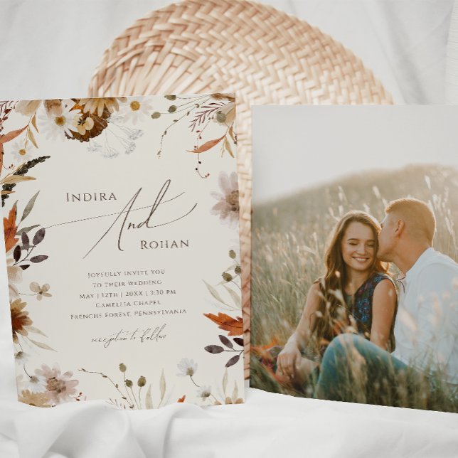 Invitación Boho Autumn Wildflower Beige Foto Boda casual (Subido por el creador)