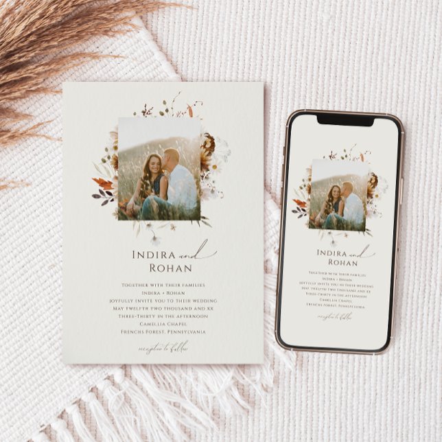 Invitación Boho Autumn Wildflower | Boda de fotograma beige (Subido por el creador)