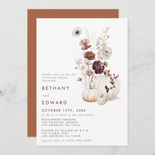 Invitación Boho Autumn Wildflower Calabaza ensayar cena (Anverso / Reverso)
