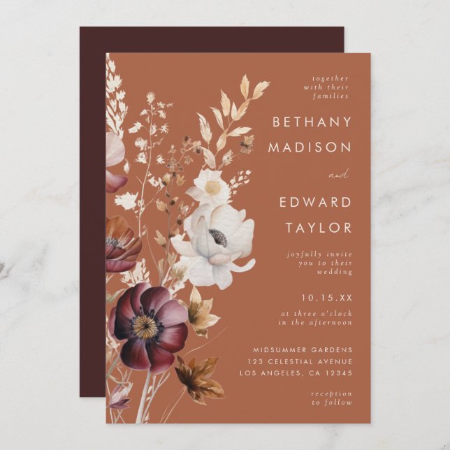 Invitación Boho Autumn Wildflower Terracotta Boda (Anverso / Reverso)