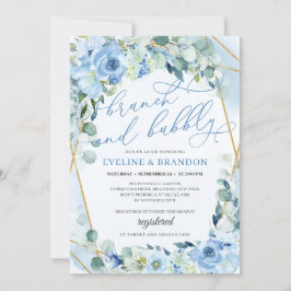 Invitación Boho Azul Floral Dorado Geométrico Brunch y Burbuj