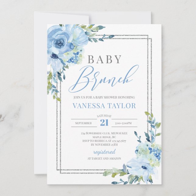 Invitación Boho azul floral plata purpurina marco bebé brunch (Anverso)