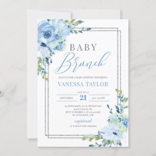 Invitación Boho azul floral plata purpurina marco bebé brunch