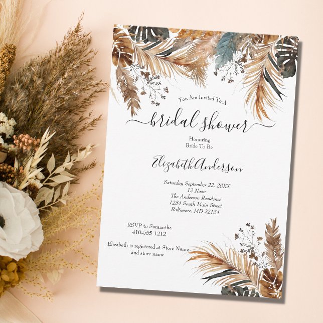 Invitación Boho Azul Marrón Hierba de Pampas Hojas de Palma B (Subido por el creador)