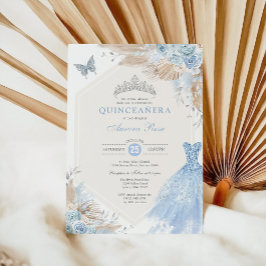 Invitación Boho Azul Plateado Floral Quinceañera 15º cumpleañ
