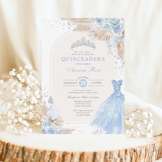 Invitación Boho Azul Plateado Floral Quinceañera 15º cumpleañ (Subido por el creador)