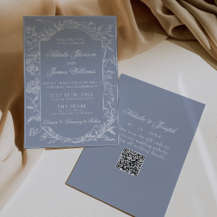 Invitación Boho Azul Polvoriento Floral Código QR Botánico Bo