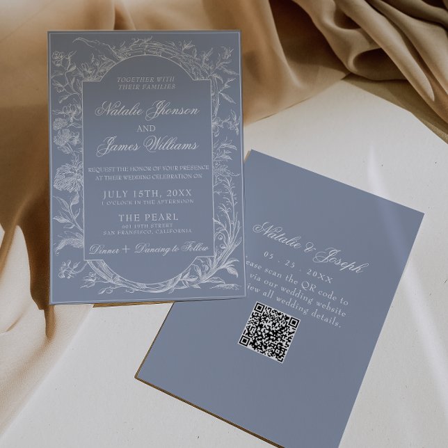 Invitación Boho Azul Polvoriento Floral Código QR Botánico Bo (Subido por el creador)