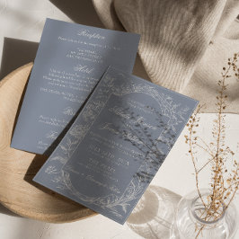 Invitación Boho Azul Polvoriento Floral Elegante Todo En Uno