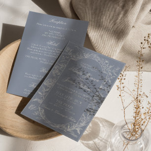 Invitación Boho Azul Polvoriento Floral Elegante Todo En Uno