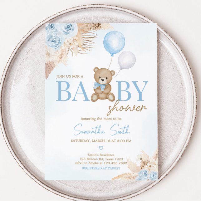 Invitación Boho azul que podemos esperar Baby Shower (Blue Pampas Grass Boho Bear Baby Shower Invitation)