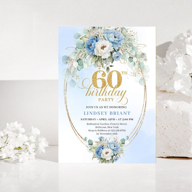 Invitación Boho azul y dorado cumpleaños floral chic 60 (Blue and gold peony floral chic 60th birthday invitation

)