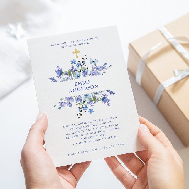 Invitación Boho azul y morado | Bautismo floral (Subido por el creador)