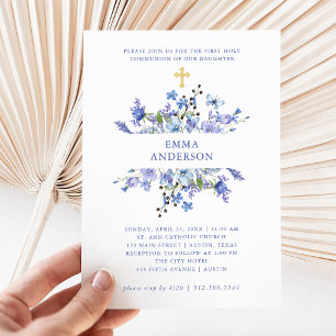 Invitación Boho azul y morado Primera Comunión santa floral