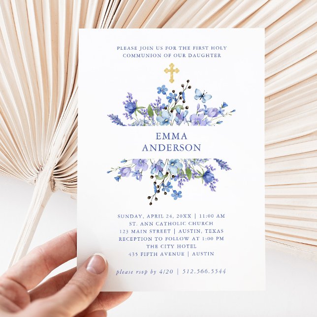 Invitación Boho azul y morado | Primera Comunión santa floral (Subido por el creador)