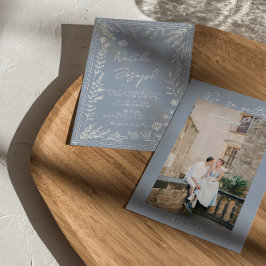 Invitación Boho Azure Blue Floral Botanical Photo Fun Wedding