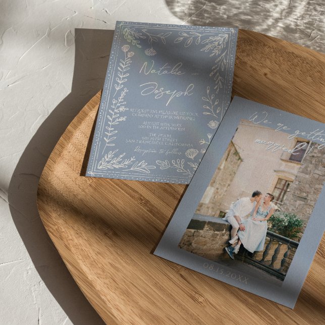 Invitación Boho Azure Blue Floral Botanical Photo Fun Wedding (Subido por el creador)