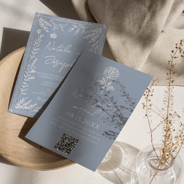 Invitación Boho Azure Blue Floral Botanical QR Code Wedding (Subido por el creador)
