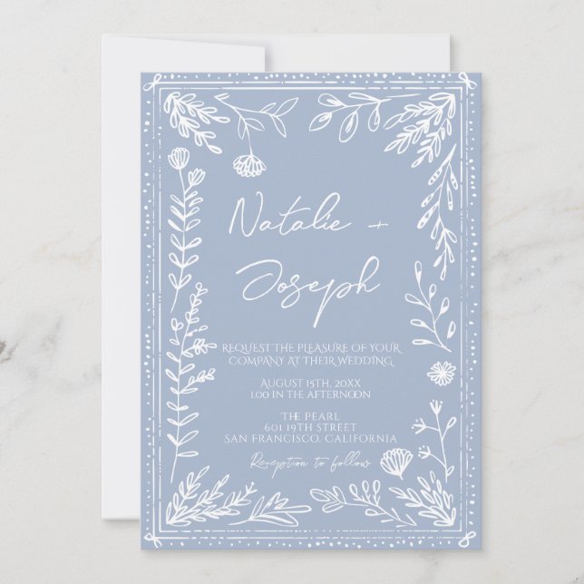 Invitación Boho Azure Blue Floral Botanical QR Code Wedding (Anverso)