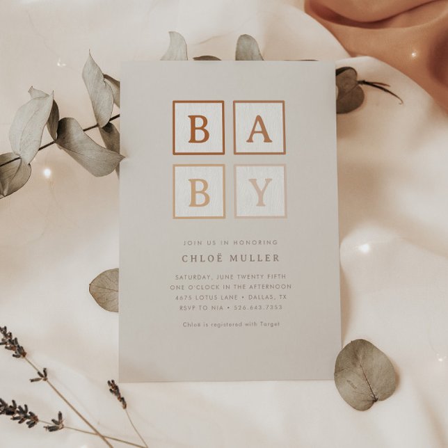 Invitación Boho Baby Blocks Simple Moderne Terracotta | (Subido por el creador)