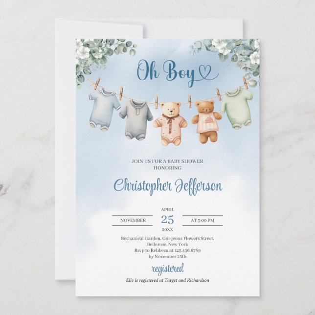 Invitación Boho Baby Blue dress Eucalyptus Baby Shower Boy (Anverso)