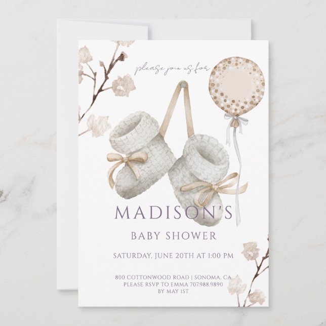 Invitación Boho Baby Booties Muerto Cream White Baby Shower (Anverso)