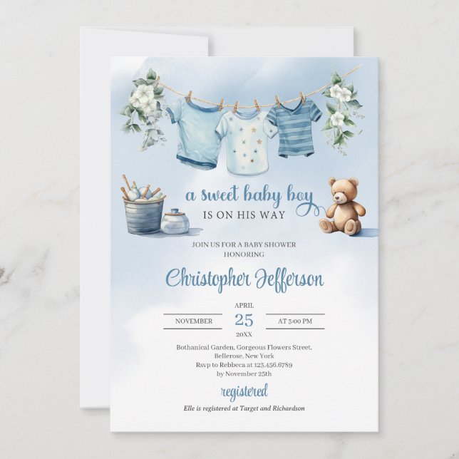 Invitación Boho Baby Boy Clothesline eucalyptus tedbear (Anverso)