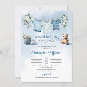 Invitación Boho Baby Boy Clothesline eucalyptus tedbear